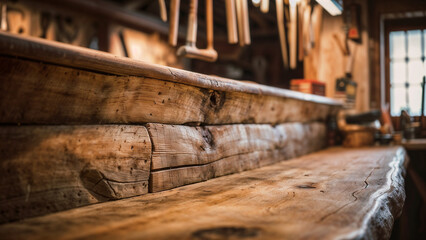 Close-up of an Authentic Wood Bench in a Rustic Woodworking Shop with Tools.
