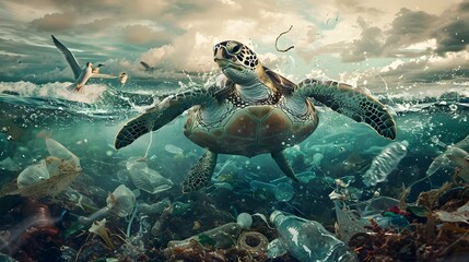 A turtle swims amidst ocean pollution a stark reminder of human impact on marine life
