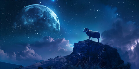 A sheep on the rocks in a beautiful moon and sky