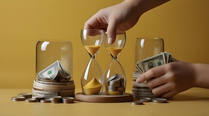 Female hands holding hourglass, money and megaphones on yellow background.generative.ai 
