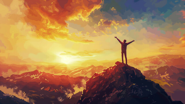A man standing triumphantly on a mountain during a beautiful sunrise