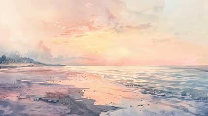 Watercolor depiction of a quiet beach at sunset, the soft hues of pink and orange in the sky reflecting the clinic's soothing aesthetic