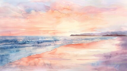 Watercolor depiction of a quiet beach at sunset, the soft hues of pink and orange in the sky reflecting the clinic's soothing aesthetic