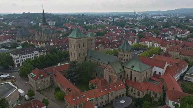 Aerial drone view of Dom St. Petrus in Osnabr&uuml;ck, Germany. St. Peter's Cathedral serves as the cathedral of the Roman Catholic Diocese of Osnabr&uuml;ck. 