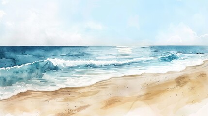 Watercolor depiction of a tranquil beach scene with soft waves lapping at the shore, promoting relaxation and a healing atmosphere