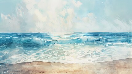 Watercolor depiction of a tranquil beach scene with soft waves lapping at the shore, promoting relaxation and a healing atmosphere