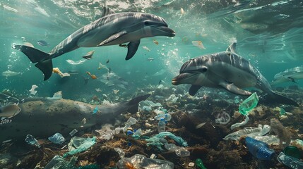 Fototapeta premium Dolphins swim amidst ocean pollution