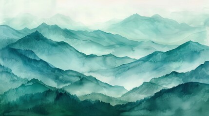 Watercolor depiction of mountains shrouded in morning mist, with soft green and blue tones to soothe and calm patients