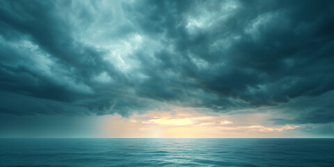 Dramatic storm clouds gather over a serene ocean, casting a dark, brooding atmosphere as the sun sets on the horizon. - Powered by Adobe