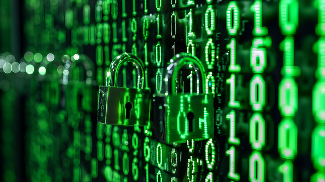 Cyber security concept. Padlock on green binary code background.