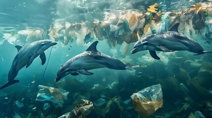 Fototapeta premium Dolphins swimming amidst ocean plastic pollution
