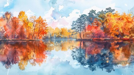 Watercolor illustration of a peaceful lake surrounded by autumn trees, the reflection in the water enhancing the artwork's soothing qualities