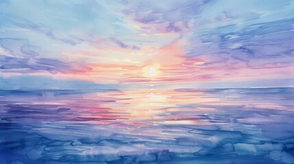 Watercolor of a gentle sunrise over a calm sea, soft pastel colors blending to capture the peaceful morning serenity