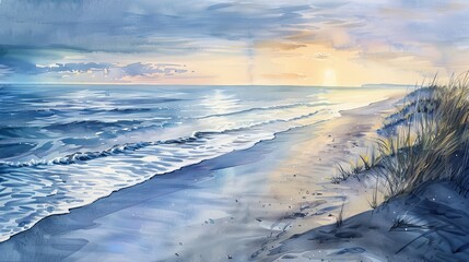 Watercolor of a serene seascape at dawn, soft pastels capturing the gentle ebb of ocean waves against a sandy beach