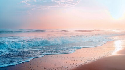 Watercolor of a serene seascape at dawn, soft pastels capturing the gentle ebb of ocean waves against a sandy beach