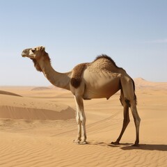 A camel is standing in the desert