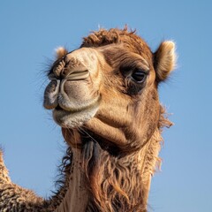 A camel with a long mane and a big nose is looking at the camera