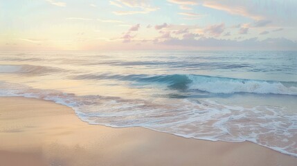 Watercolor of a serene seascape at dawn, soft pastels capturing the gentle ebb of ocean waves against a sandy beach