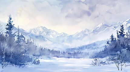 Watercolor of a snowy mountain range under a soft winter sky, conveying the quiet and pristine nature of untouched snow