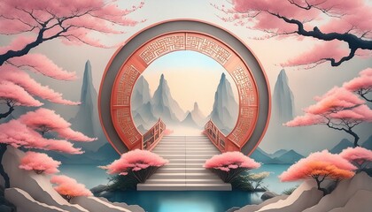 Eastern Elegance: Modern Template with Chinese-Style Watercolor and Geometric Patterns - obrazy, fototapety, plakaty