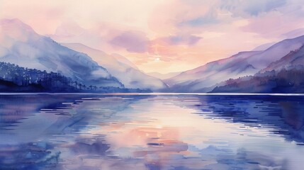 Watercolor painting of a tranquil mountain lake at dawn, soft pastels reflecting on the water to evoke calmness and serenity