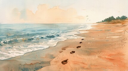 Watercolor painting of footprints on a sandy beach leading to calm waters, the pastel palette evoking a sense of ease