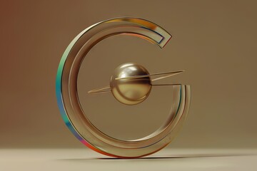 3D rendering of the letter "G" with thin stripes and colored lines, in front is a gold ball on two metal sticks that are spinning around each other at an angle at full speed, brown background, colorfu