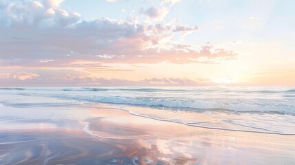 Fototapeta na wymiar Watercolor panorama of a calm beach at sunrise, soft pastels reflecting off the gentle waves, instilling peace and tranquility