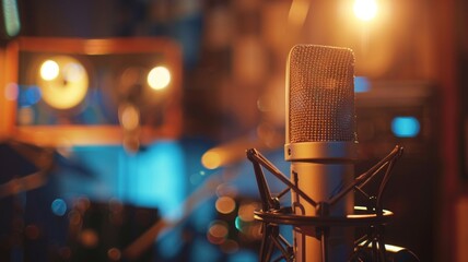 A microphone is sitting on a stand in a studio - obrazy, fototapety, plakaty