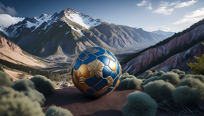 Football ball on the ground.sunrise over the mountains soccer ball with flag.football players in action spaceship and space