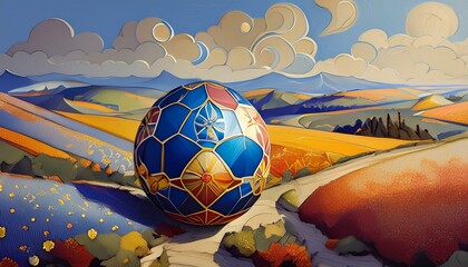 Football ball on the ground.sunrise over the mountains soccer ball with flag.football players in action spaceship and space