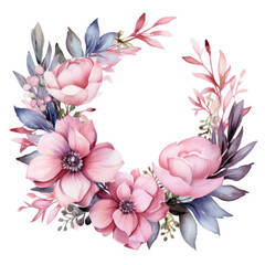 Delicate floral wreath watercolor illustration. Festive headband with pink flowers and foliage. Template for cards, invitations, congratulations - obrazy, fototapety, plakaty