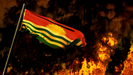 flag of Kiribati on burning fire bg - hard times concept - abstract 3D rendering