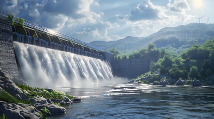 Sunny day at a serene dam where water cascades down amidst lush greenery