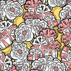 Gift box, ribbon and flowers seamless vector pattern for wrapping present with bow, party celebration, sale promotion, Textile print, fabric design, banner background. Hand drawn style illustration.