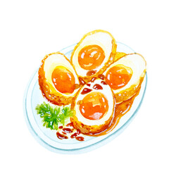 Hand drawn watercolor illustrations of Thai food, fried eggs and eggs in law
