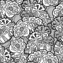 Gift box, ribbon and flowers seamless vector pattern for wrapping present with bow, party celebration, sale promotion, Textile print, fabric design, banner background. Hand drawn style illustration.