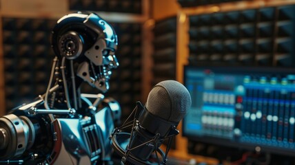 A robot is standing in front of a microphone, ready to record