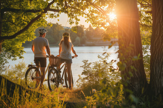 Young couple on a bicycle taking a break at an idyllic lake as the sun sets (A.I.-generated)