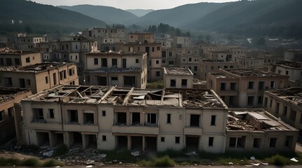 Empty city with destroyed houses, Collapsed buildings, War victim.generative.ai 