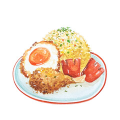 Hand drawn watercolor illustration Thai food American fried rice