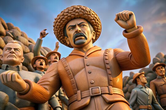 A dynamic Sculpt portrayal of Emiliano Zapata leading a spirited revolt, commemorating the spirit of resistance on Cinco de Mayo.
