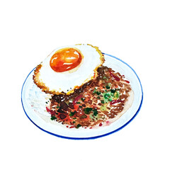 Hand drawn watercolor illustrations of Thai food, basil rice, minced pork and fried eggs.