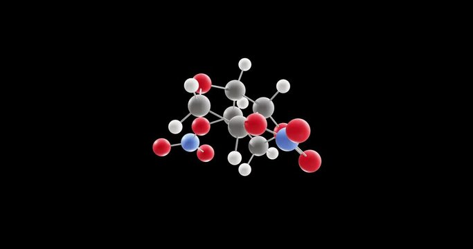 isosorbide dinitrate molecule, rotating 3D model of nitrates and nitrites, looped video on a black background