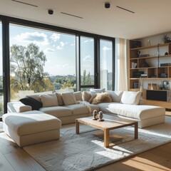 A large white sectional sofa is in a living room with a view of the city