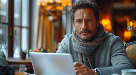 Obraz premium Man sits in cafe with laptop and cup of coffee.