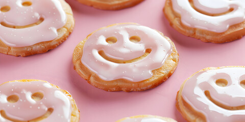 Delicious cookies with smile cream at pink background