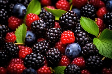 Blackberries, raspberries and blueberries with green leaves.