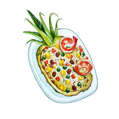 Hand drawn watercolor illustration Thai food Pineapple Fried Rice