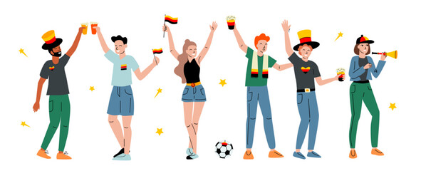 Group of fans cheering with German flags, beers, and football. Vector illustration isolated on white background. Sport and soccer celebration. 